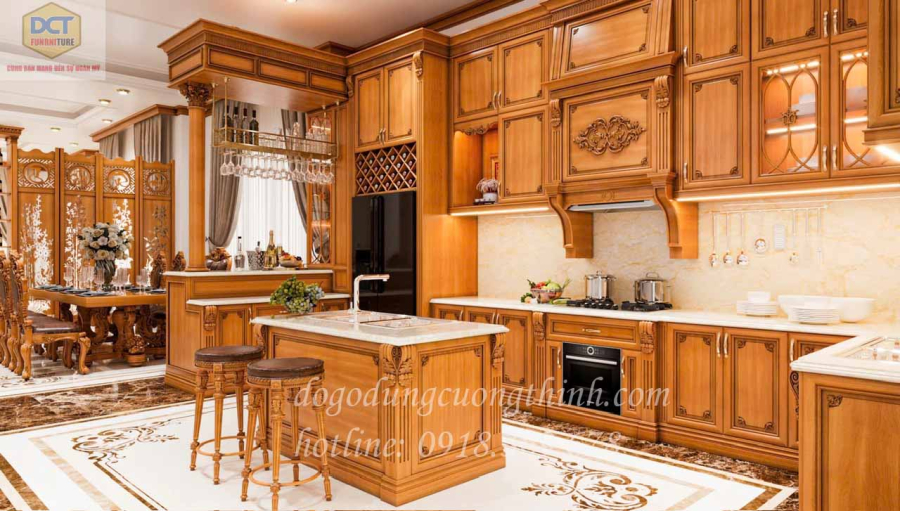 Tủ bếp kết hợp tủ rượu, quầy bar, đảo bếp